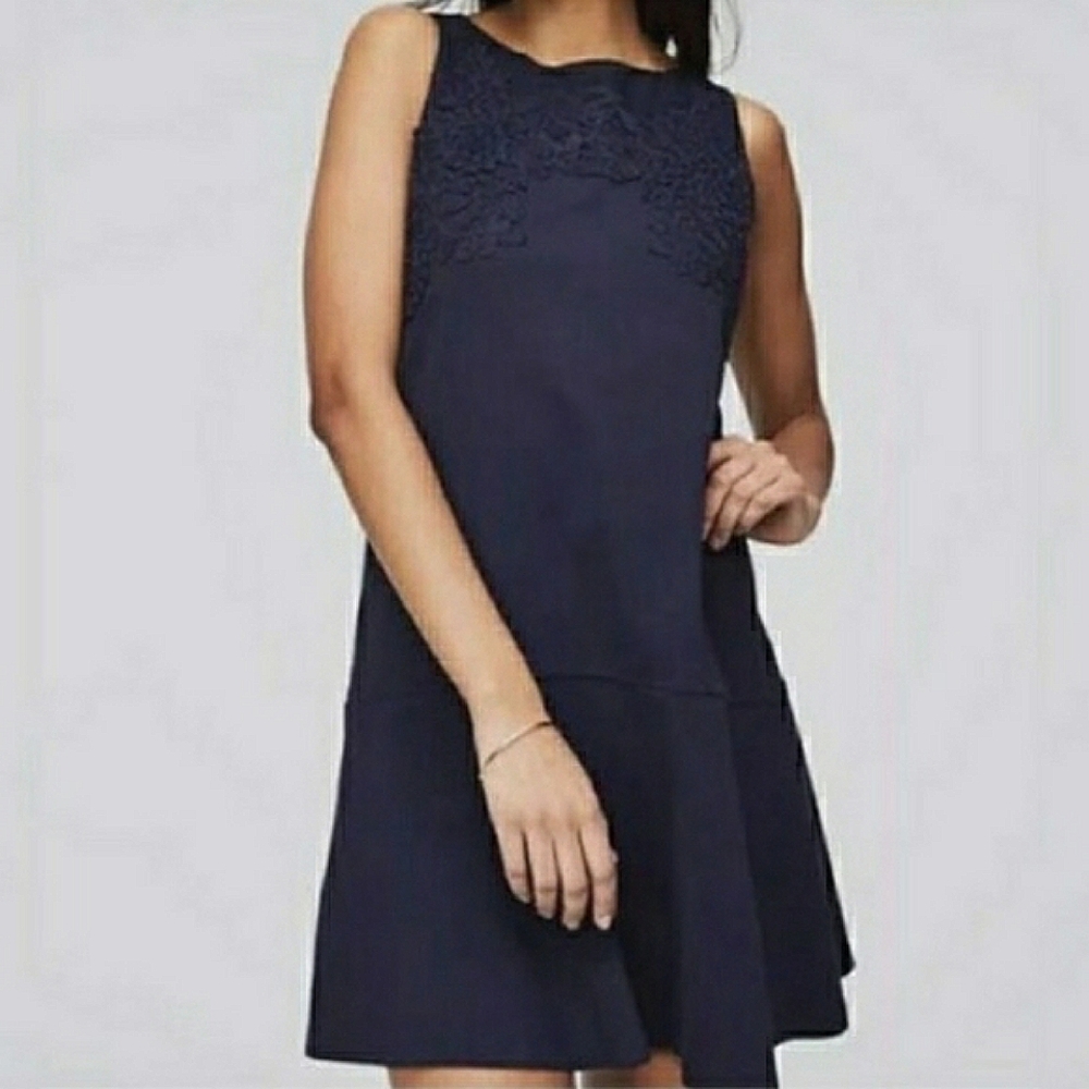 LOFT Navy Blue Flounce Sleeveless Dress with Lace Applique sz M Petite